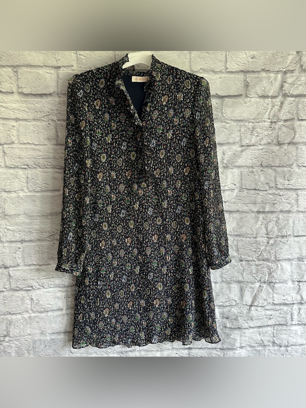 PREOWNED TORY BURCH RUFFLE NECK PRINTED DRESS WOMENS SIZE 2 NO BELT